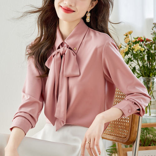 Real shot monthly sales 800+ bow chiffon shirt women's long sleeve 2024 spring and autumn new temperament ribbon shirt