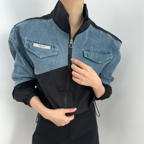 2024 early spring Korean chic retro stitching contrasting color loose long-sleeved denim jacket windbreaker jacket 7078