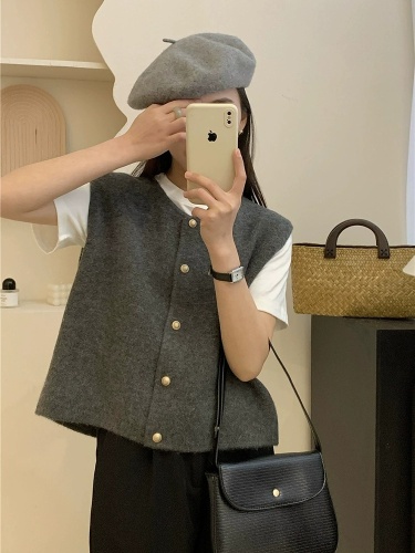 2024 spring new outer wear gentle vest round neck single breasted vest jacket slim waistcoat cardigan for women