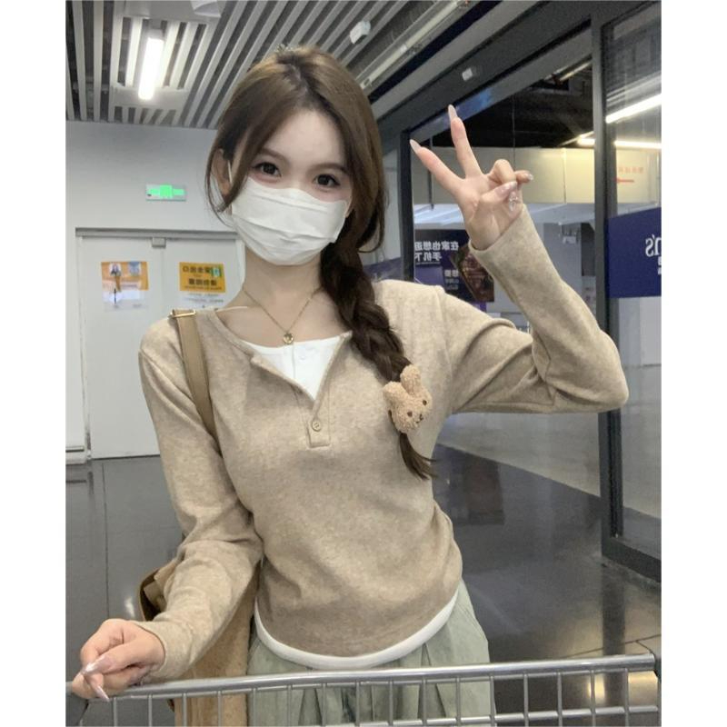 DeRong autumn fake two-piece contrasting long-sleeved T-shirts for women, sweet and pure desire, slimming, short bottoming and versatile tops