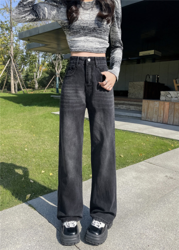 Actual shot ~ Black high-waisted retro jeans for women, autumn new narrow version, straight, versatile, slimming trousers, high street