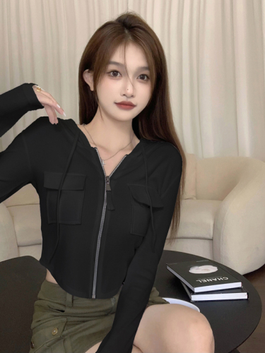 Real shot of short hooded jacket T-shirt zipper cardigan top for women trendy