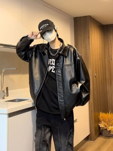 American handsome leather jacket for women hiphop motorcycle jacket spring and autumn leather jacket loose casual letter stamped top trendy