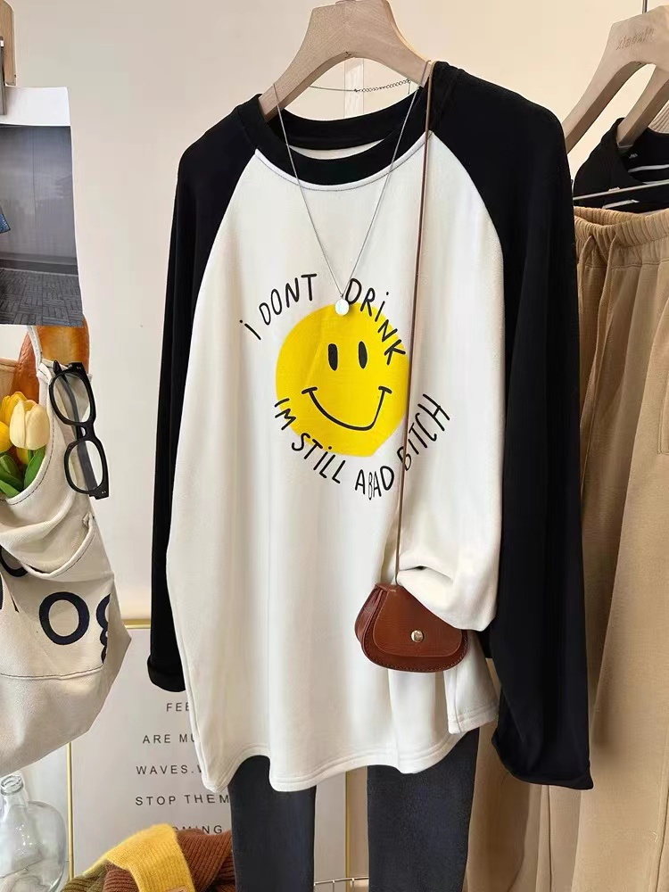Silk cotton double-sided velvet smiley letter contrasting sleeve long-sleeved T-shirt women's cover-up slimming bottoming shirt