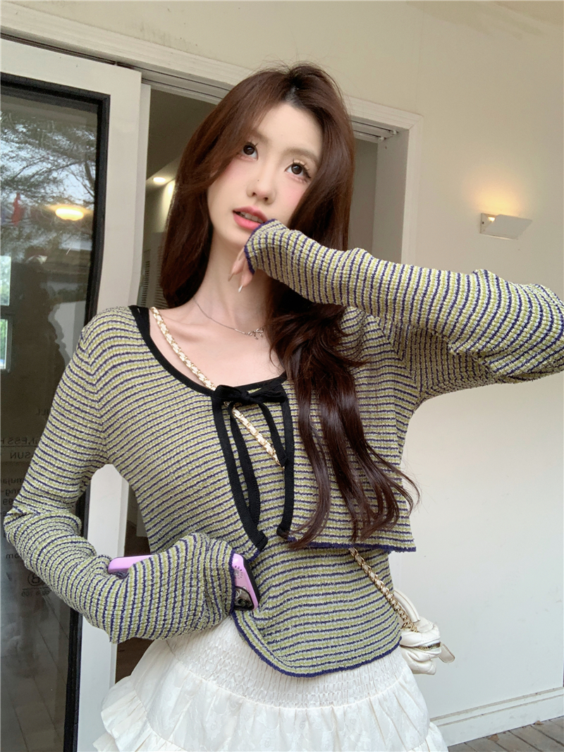 實拍 兩件套條紋針織衫女修身疊穿吊帶開衫短款上衣