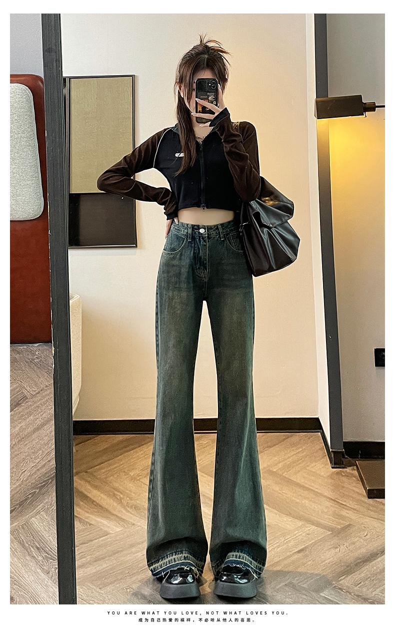 實拍2024早春時尚潮流修身微喇美式復古牛仔褲女