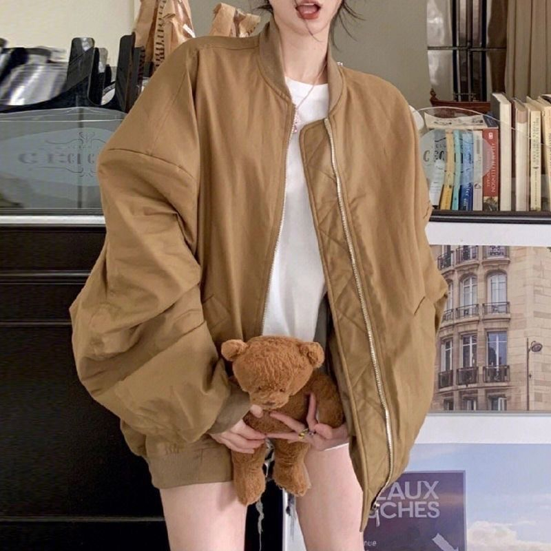 24 New Year Hong Kong style retro stand-up collar baseball jacket women's new ins casual loose lazy style jacket top