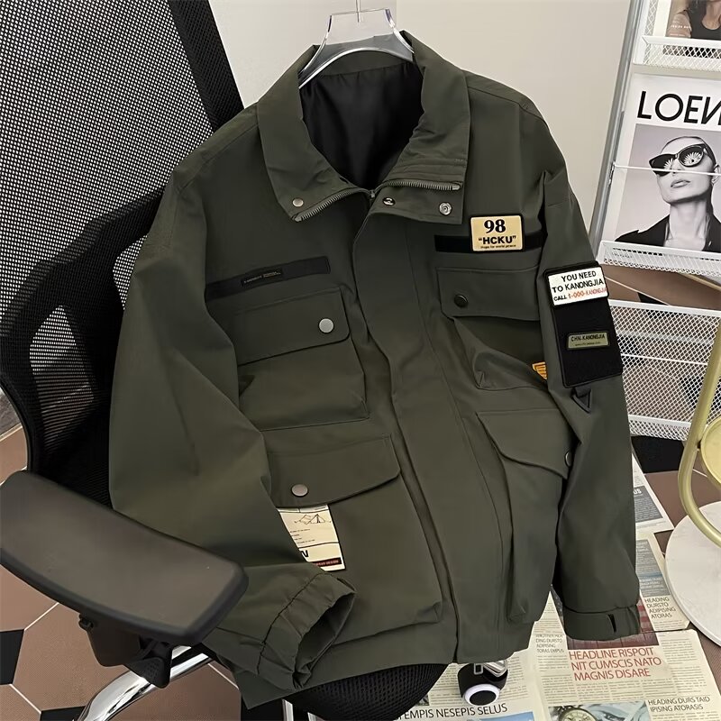 American style multi-pocket safari bomber jacket for women, spring and autumn retro trendy brand loose workwear jacket top for women
