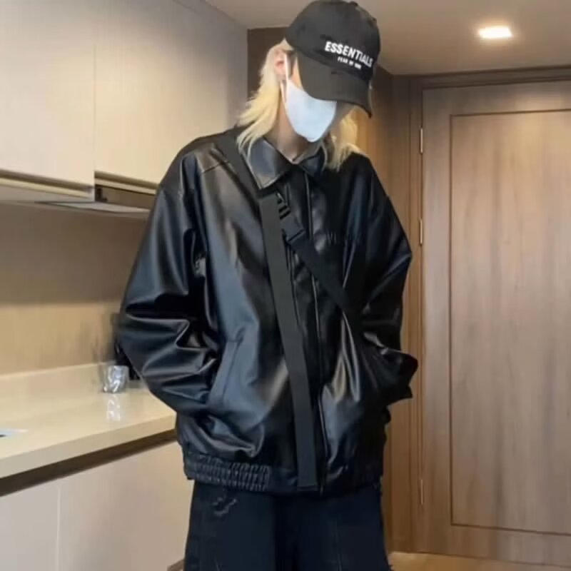 American handsome leather jacket for women hiphop motorcycle jacket spring and autumn leather jacket loose casual letter stamped top trendy