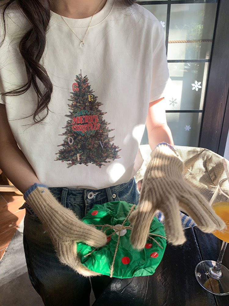 Xinbangbang Casual and Versatile Christmas Tree Printed T-Shirt Women's Loose Round Neck Short Sleeve 2024 New Bottoming Shirt Top