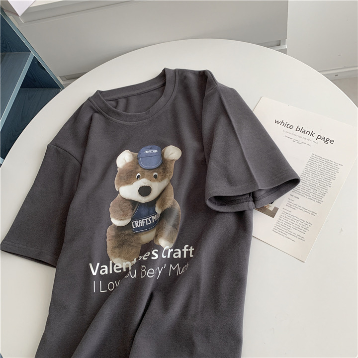 Silk cotton double-sided velvet spring Korean bear print double-sided brushed short-sleeved T-shirt for women thickened T-shirt for women