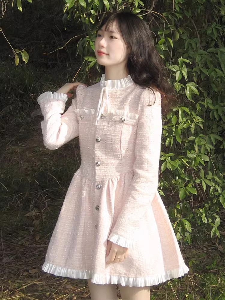 富家千金小香風粉色裙子春秋季甜美奶乖復古公主蕾絲拼接連衣裙女