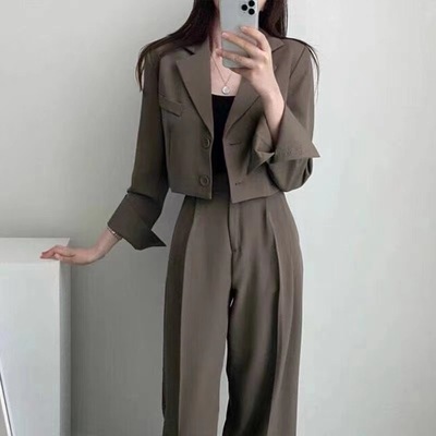 Korean chic early spring French lapel casual two-button suit short jacket + fashionable wide-leg trousers suit for women