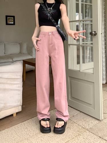 Actual shot of 2024 spring and summer new dirty pink wide-leg jeans for women, high-waisted, slim, loose, drapey, straight-leg floor-length pants