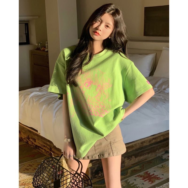 220克綠色t恤女夏季寬鬆中長款大t恤美少女印花短袖上衣服in
