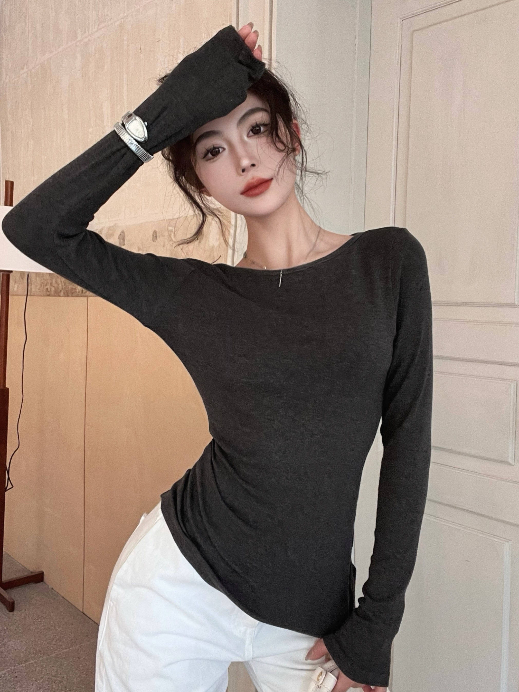 Modal fabric Tmall quality backless hollow long-sleeved T-shirt autumn and winter new slim strap bottoming shirt