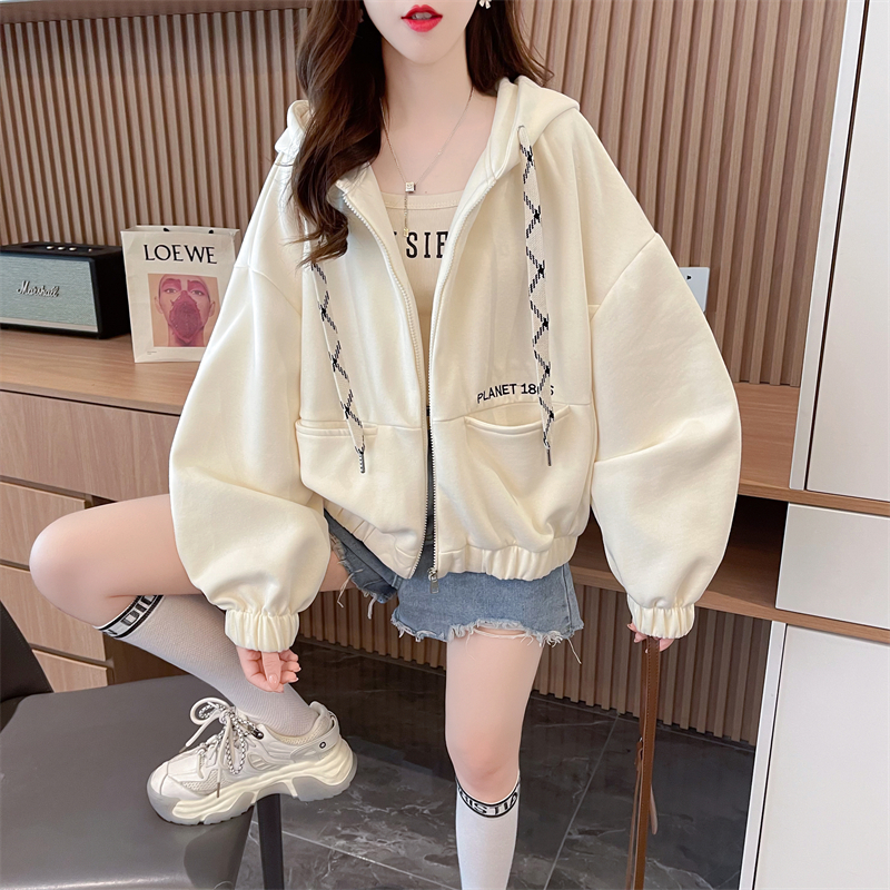 Real shot-2024 spring Chinese cotton composite Korean style loose zipper hooded thin sweatshirt for women