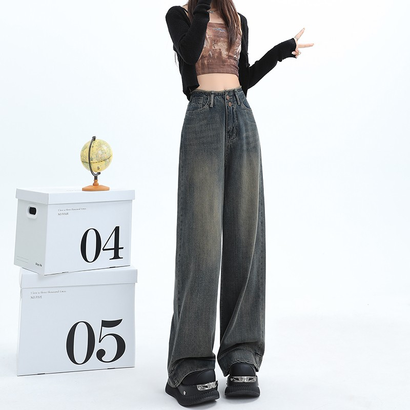 闊腿牛仔褲女2024春秋新款復古毛邊高腰寬鬆垂感顯瘦拖地直筒長褲