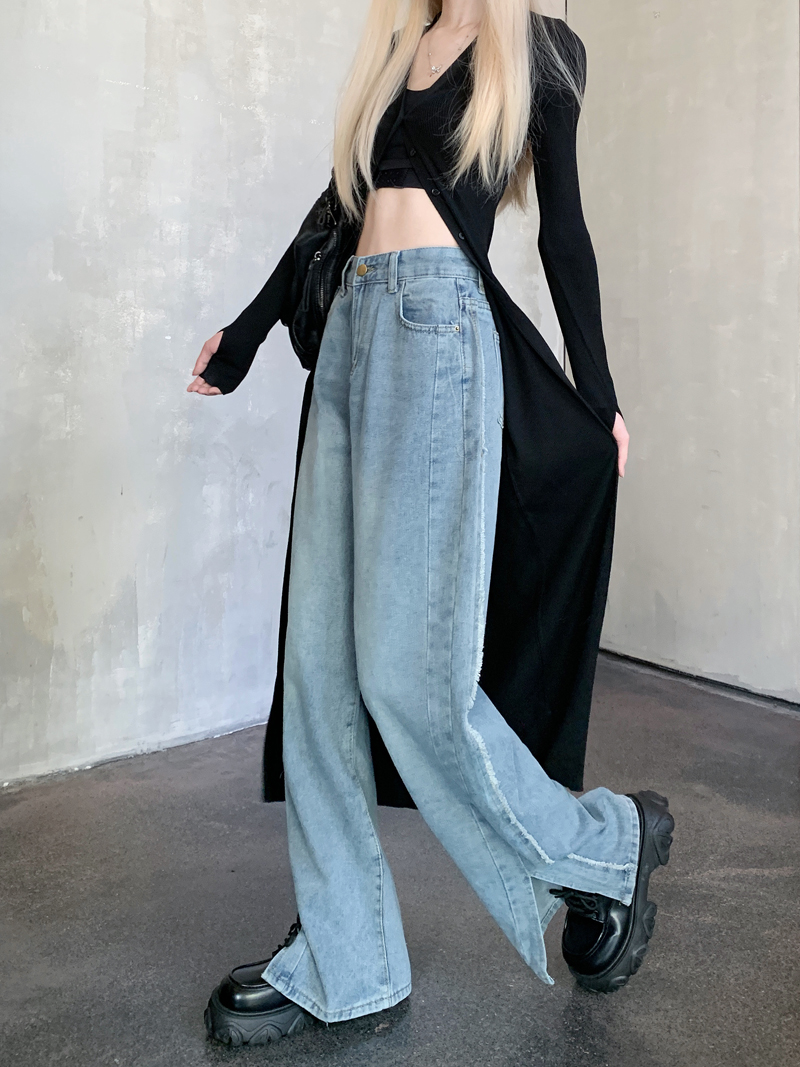 Real shot ~ Retro slit wide-leg pants in early spring, loose slimming and drapey trousers with raw edges and casual jeans