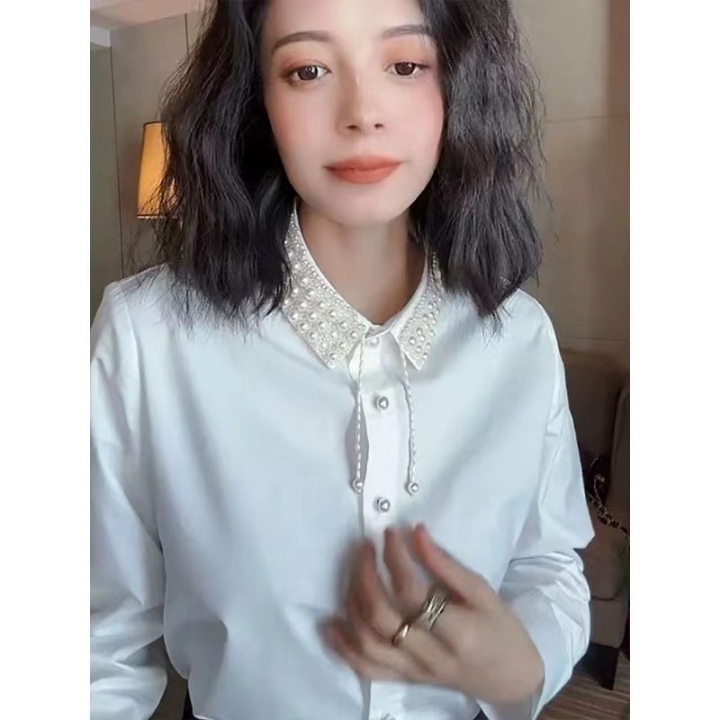 歐洲站早春女2024新款歐貨女裝時尚重工翻領釘珠洋氣顯瘦俏皮襯衫