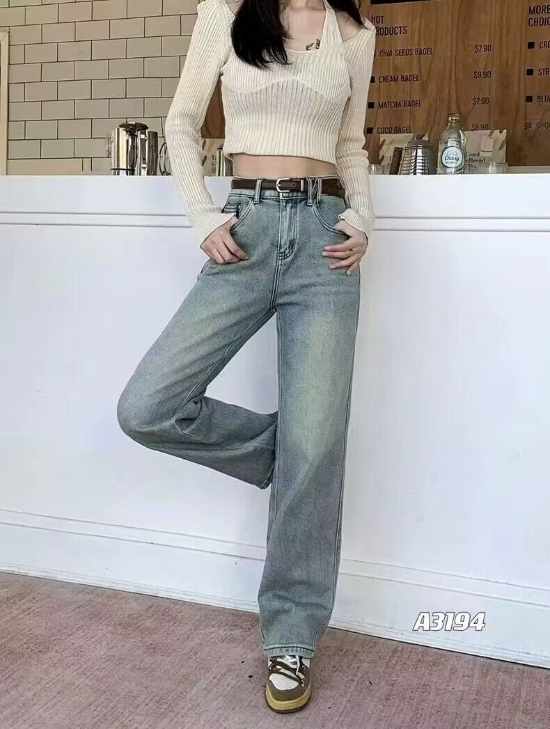 高腰闊腿牛仔褲女直筒寬鬆春裝新款小個子垂感顯瘦拖地長褲子
