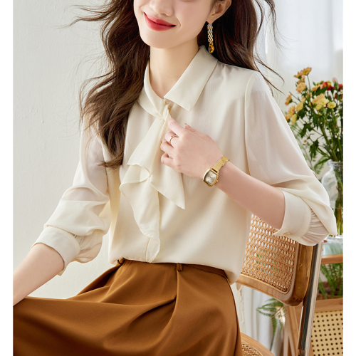 Lined real shot 2024 spring bow long-sleeved shirt women's high-end niche temperament streamer top