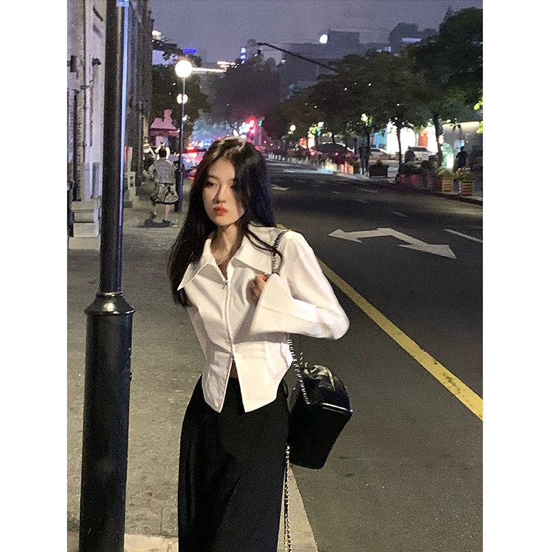 White zipper lapel long-sleeved shirt for women in spring, autumn and spring design, slim fit top, short inner base shirt