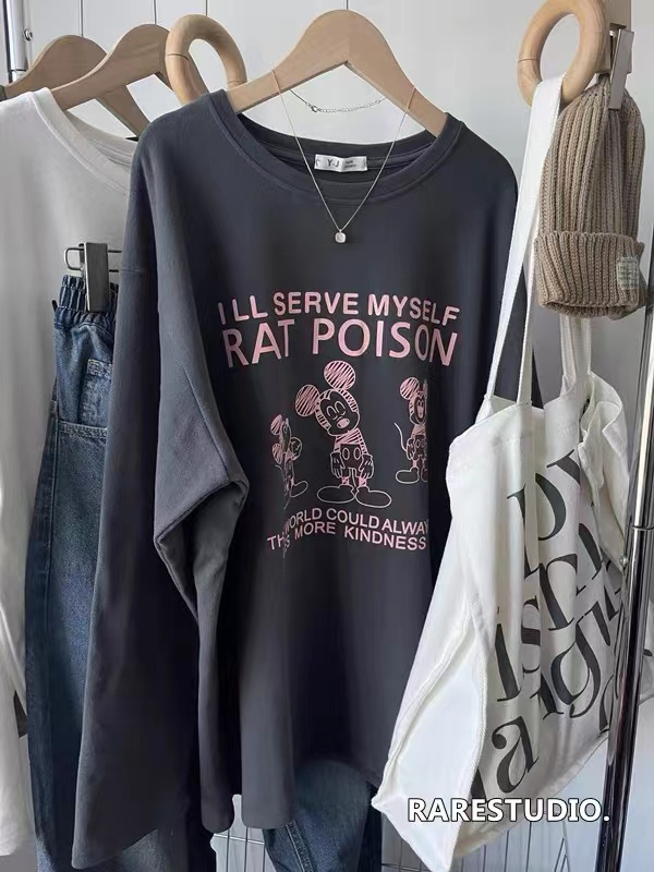 Silk cotton double-sided velvet Mickey letter printed casual and versatile long-sleeved T-shirt with warm base layer