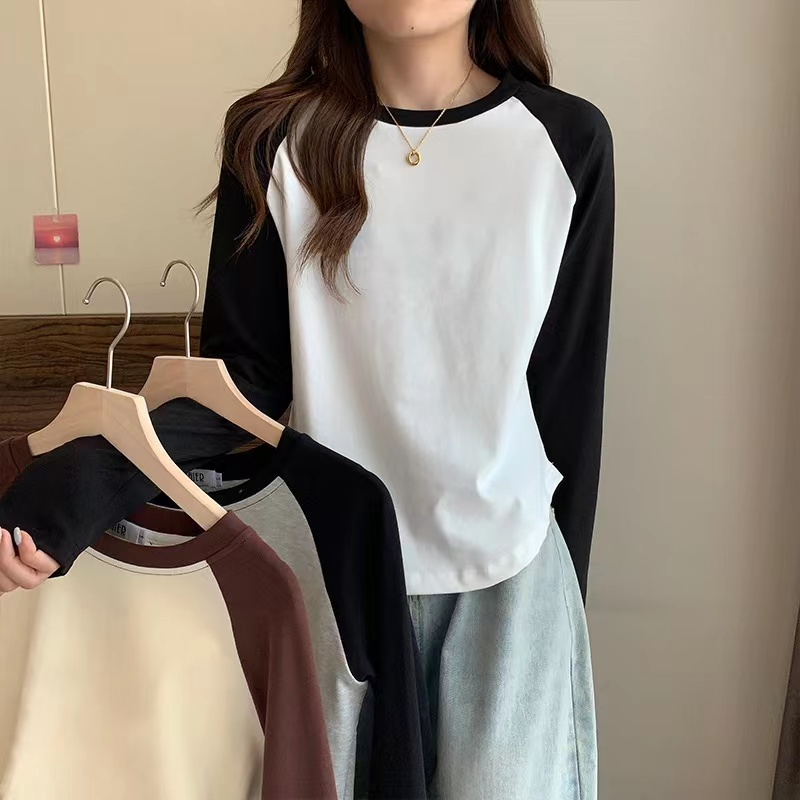 Ice silk thread contrasting color raglan sleeve long-sleeved T-shirt women's spring and autumn bottoming shirt slimming top