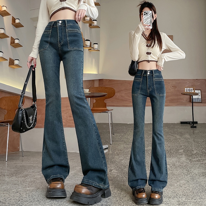 實拍2024早春時尚潮流修身微喇美式復古牛仔褲女