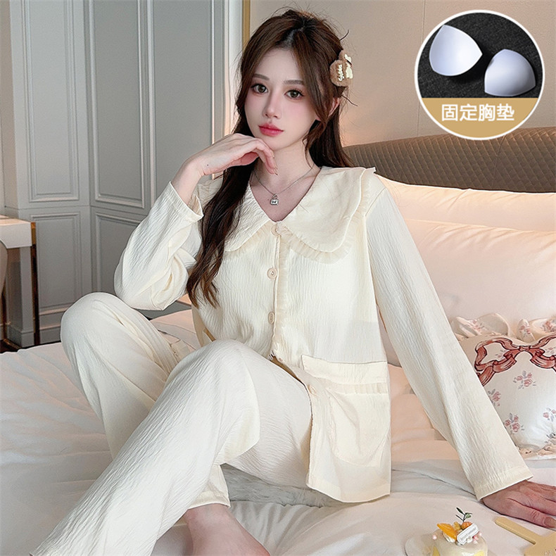 Pajamas for women spring and autumn new long-sleeved Tencel cool cotton sweet home clothes cloud cotton with chest pad suit for going out