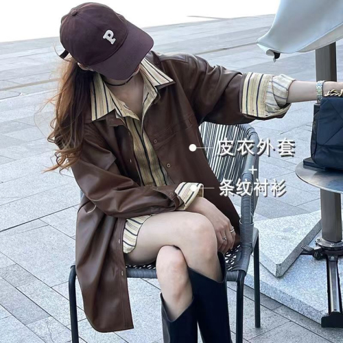 American retro PU leather jacket for women, spring and autumn design niche jacket, high-end mid-length versatile trendy brand top