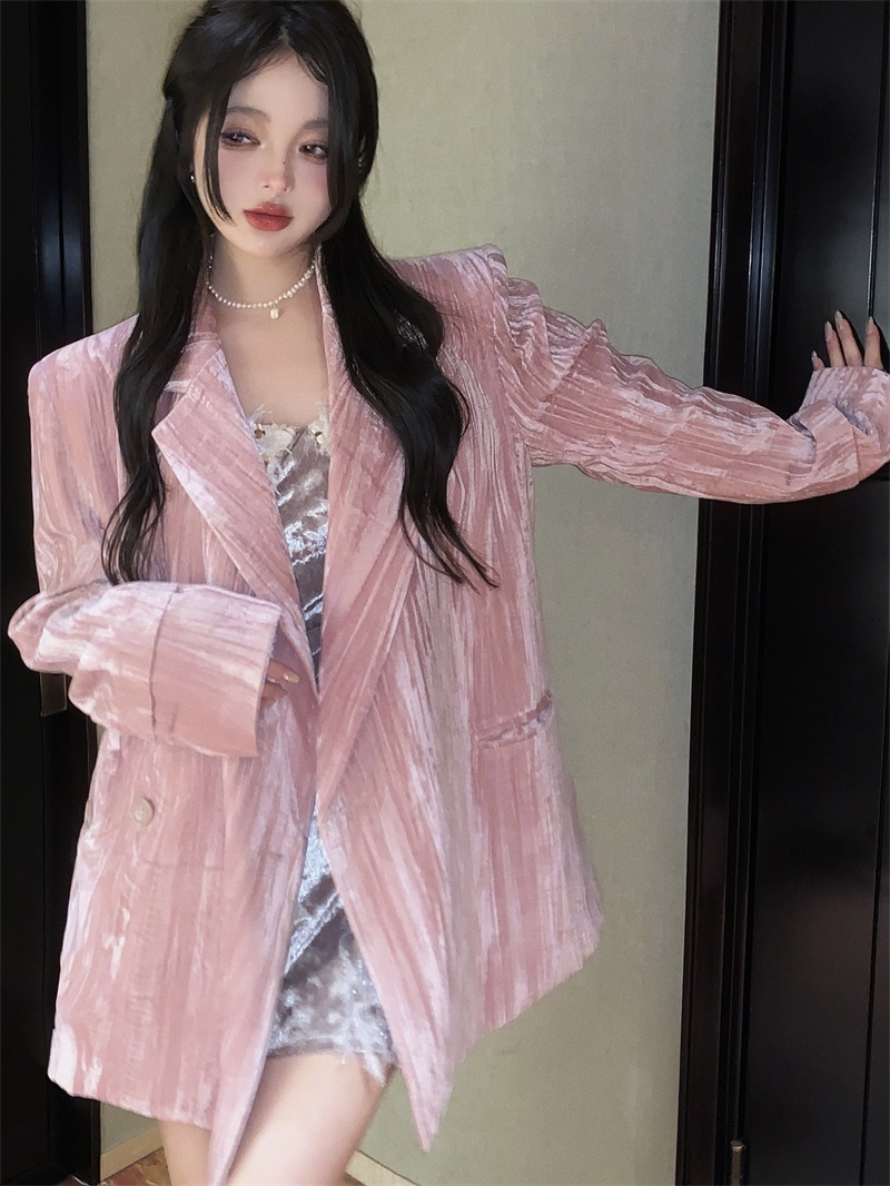 Real shot of peerless velvet gold design niche high-end suit jacket women's loose casual top spring