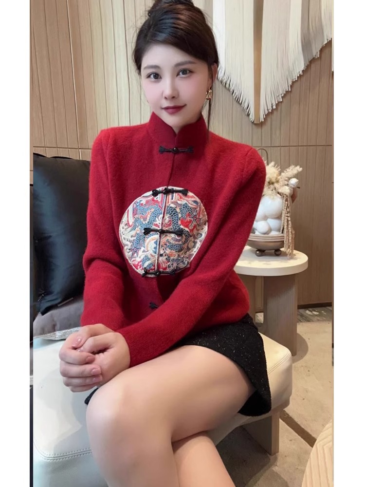 2024春季新款新中式國風刺繡毛衣外套女裝設計感氣質洋氣毛針織衫