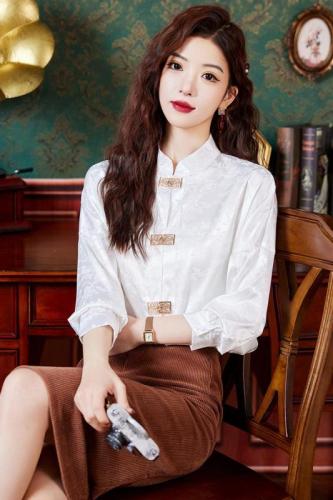 New Chinese Hanfu Slim Fit Western Style Shirt 2024 Spring New Women's Jacquard Stand Collar Button Long Sleeve National Style Shirt