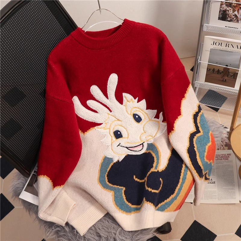 Sheep cashmere 2024 autumn and winter Year of the Dragon red thickened western-style New Year clothes and sweaters for women