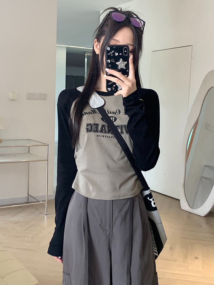 T-shirt autumn new women's fitted printed bottoming shirt design pleated short top