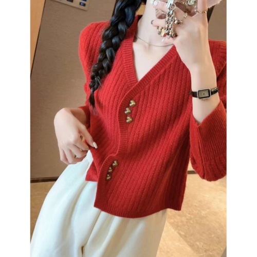 Quality Inspection Official Picture Autumn and Winter New V-neck Knitted Cardigan Women's Fashion Love Button Short Sweater Jacket Top