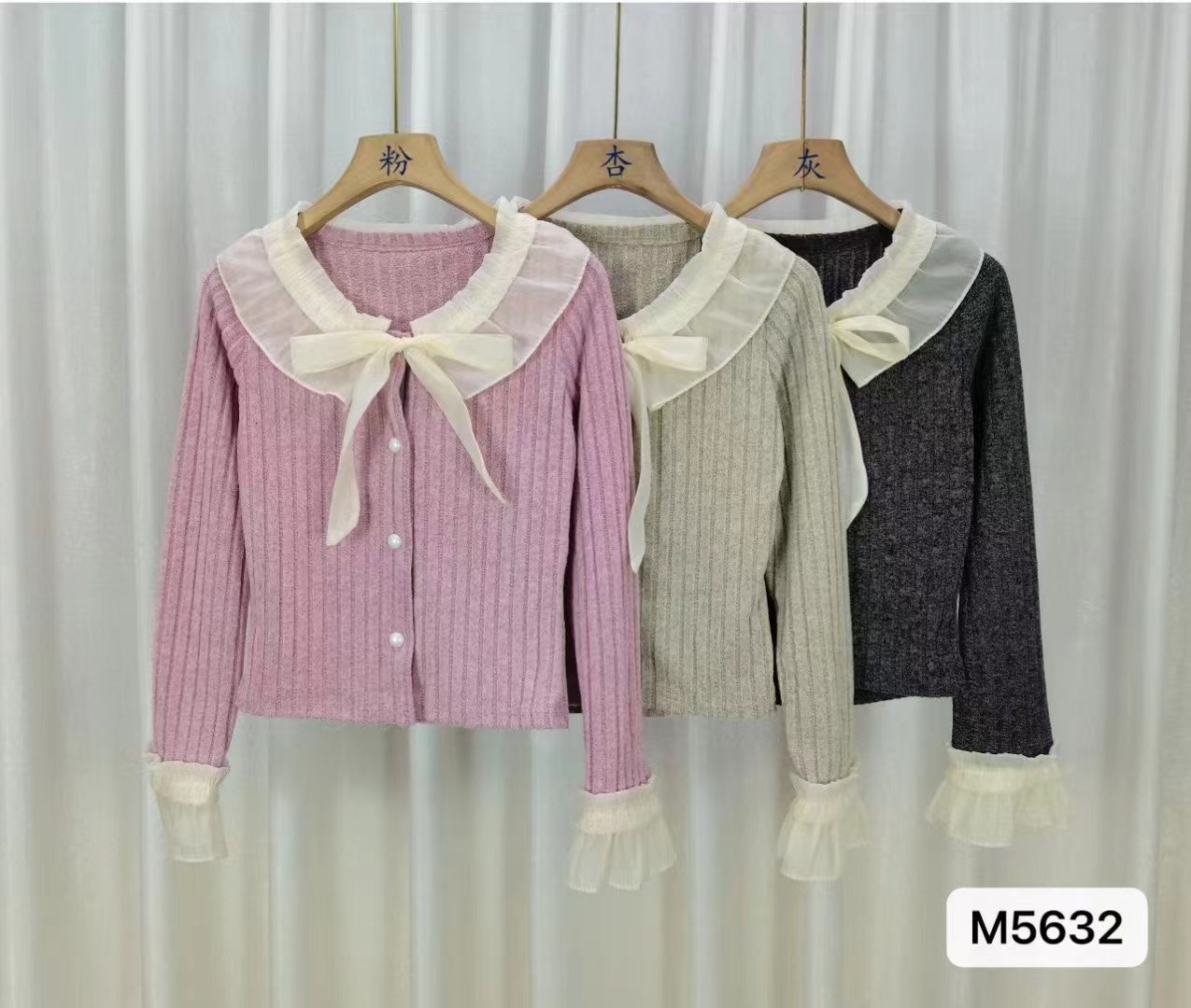 Autumn and winter gray pink inner lace bow sweater women's new slim sweater short temperament top