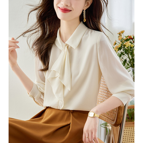 Lined real shot 2024 spring bow long-sleeved shirt women's high-end niche temperament streamer top