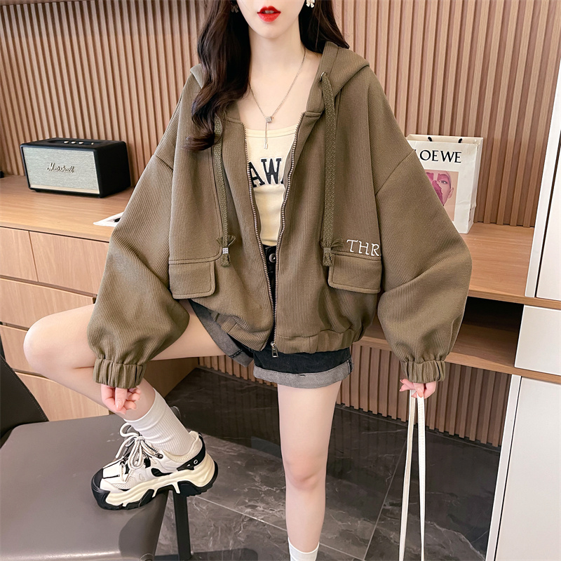 Real shot-2024 spring imitation cotton waffle loose zipper jacket hooded thin sweatshirt for women