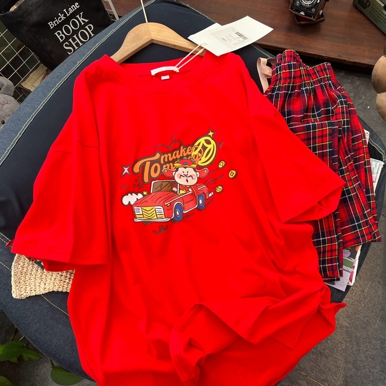 Silk cotton double-sided velvet couple get rich red half-sleeved auspicious suit for men and women to lose weight and age in their birth year
