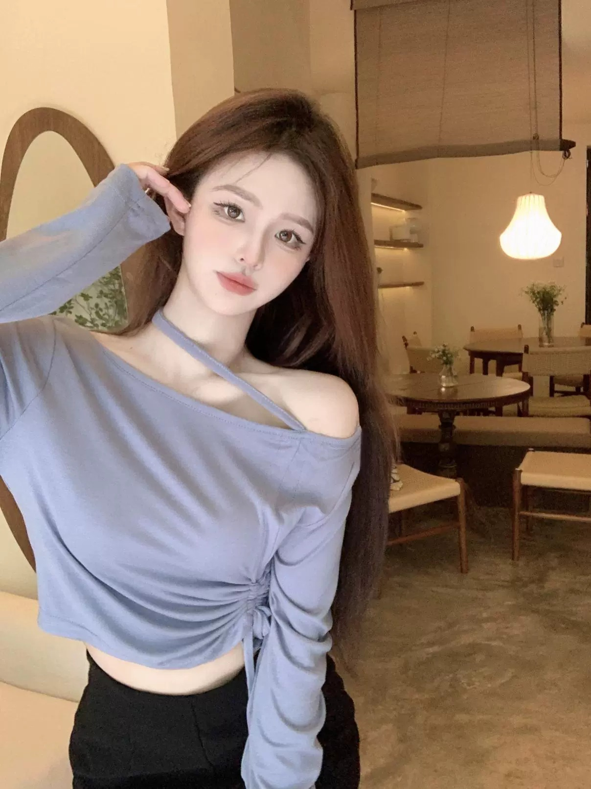 Official picture Irregular design niche adjustable drawstring off-shoulder T-shirt women's spring long-sleeved short temperament top