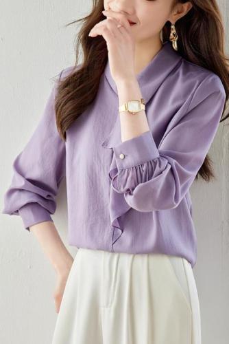 Lined real shot 2024 spring bow long-sleeved shirt women's high-end niche temperament streamer top