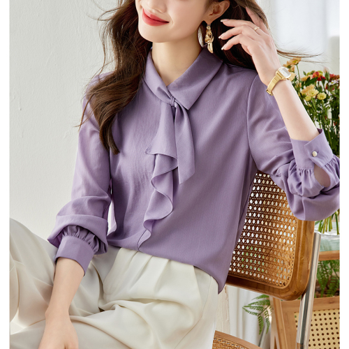 Lined real shot 2024 spring bow long-sleeved shirt women's high-end niche temperament streamer top