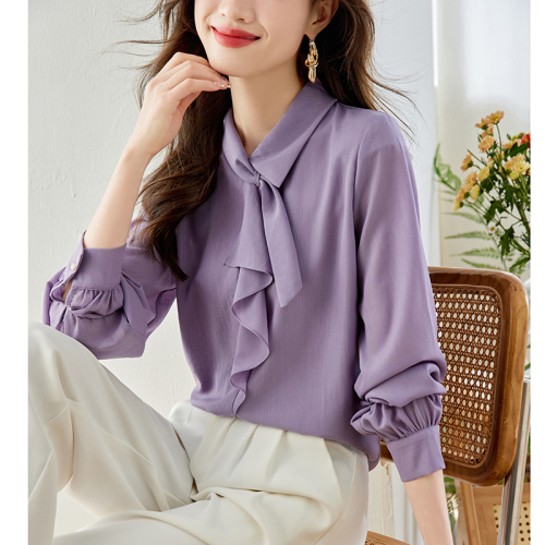 Lined real shot 2024 spring bow long-sleeved shirt women's high-end niche temperament streamer top