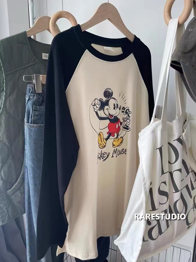 Silk cotton double-sided velvet Mickey cartoon style casual raglan sleeve cotton long sleeve inner layer for women
