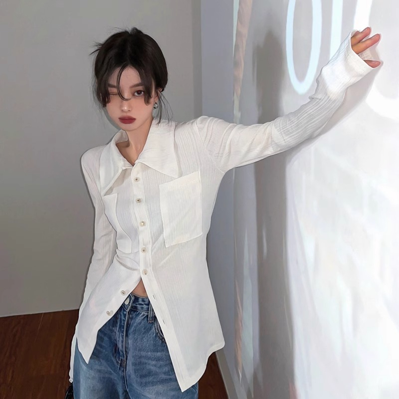 Lightly mature waist shirt women's spring and autumn new slim fit long-sleeved mid-length top jacket