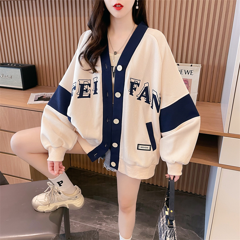 實拍-2024春裝仿棉華夫格複合牛奶絲寬鬆百搭大口袋薄款衛衣女