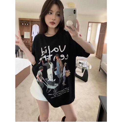 Official photo of Hong Kong style retro fashion printed loose, slim and versatile mid-length T-shirt for women